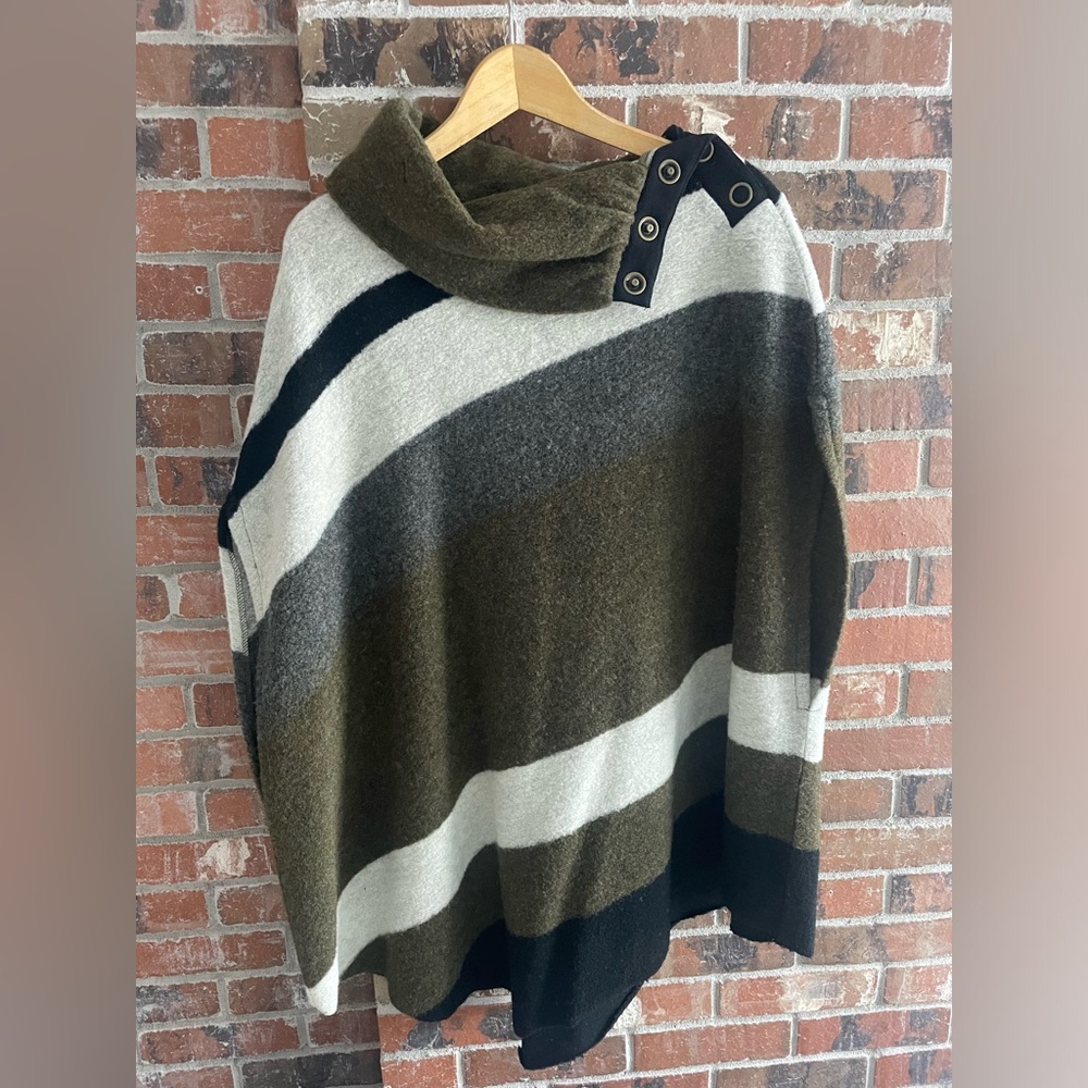 Tabitha (Anthropologie) Olive Green and Black Striped Poncho